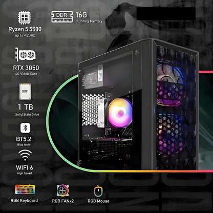 Gaming PC Computer Desktop, AMD Ryzen 5 5500 up to 4.2GHz, GeForce RTX 3050 6G, 16GB DDR4, 1TB SSD, WiFi 6 5G & BT 5.2, RGB Fan x2, Windows 11