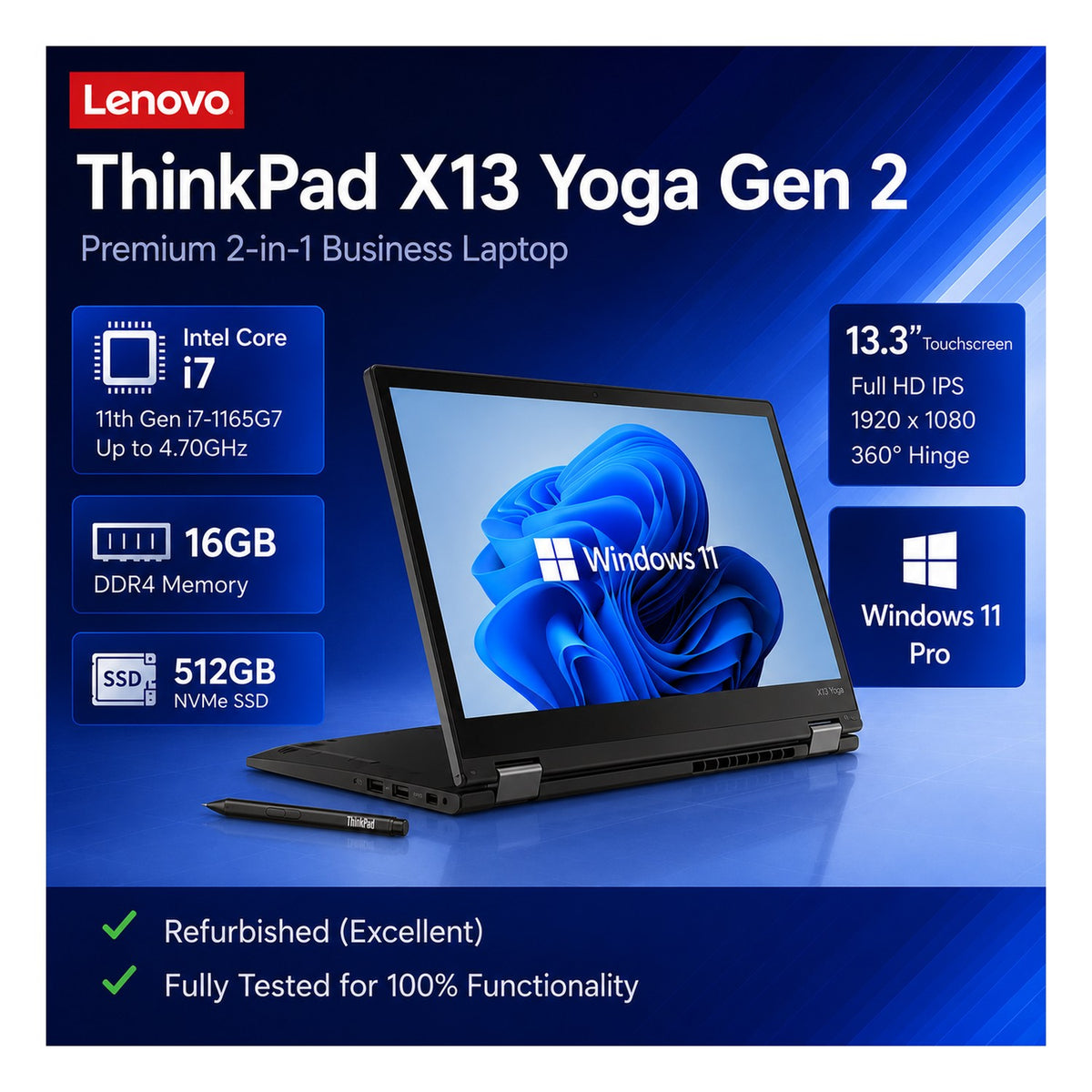 Refurbished (Excellent) LENOVO Thinkpad X13 Yoga, 13.3" Touch FHD+ , Bilingual Backlit Keyboard , i7-1185G7, 16GB RAM , 512GB SSD , 1 Years Warranty, Win 11 , Black - Image 2