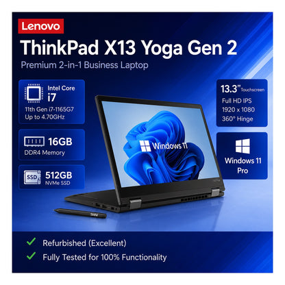 Refurbished (Excellent) LENOVO Thinkpad X13 Yoga, 13.3" Touch FHD+ , Bilingual Backlit Keyboard , i7-1185G7, 16GB RAM , 512GB SSD , 1 Years Warranty, Win 11 , Black - Image 2